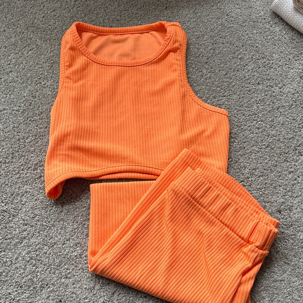 Ribbed High-Rise Crop Tank & Skirt Set - Orange